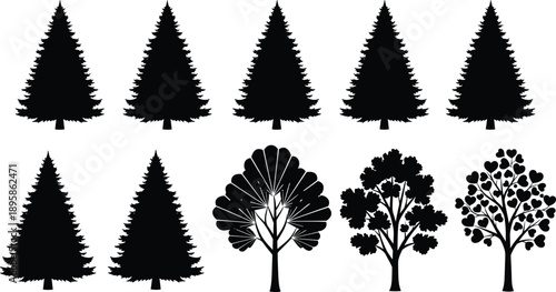 Black tree silhouettes collection, pine fir deciduous icons set, forest nature vector illustration pack for design, landscaping, ecology, branding, printing