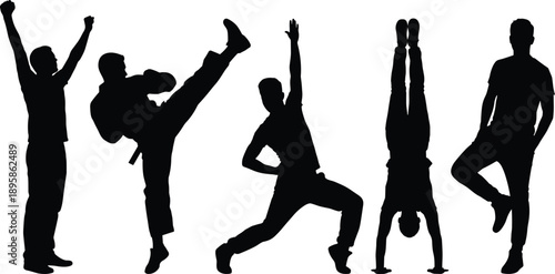silhouette, pose, dynamic, movement, kick, handstand, dance, casual, victory, balance, martial, exercise, standing, lunging, celebratory, energetic, black, white, figure, action - vector illustration