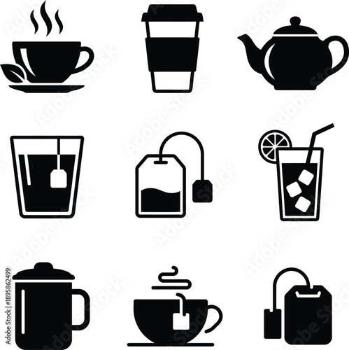 Collection of various coffee and tea related icons in simple modern black silhouettes on white background representing beverage culture and daily life.