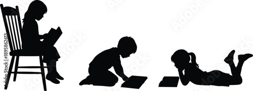 Silhouettes of children reading books in various postures, educational activity illustration, black and white learning concept design