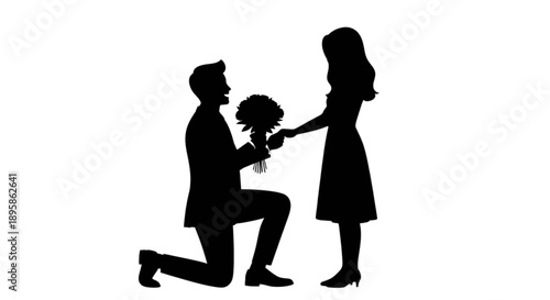 Man kneeling to offer flowers to woman