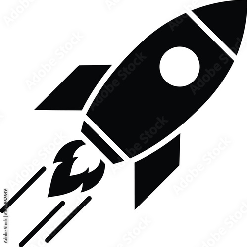 Simple black and white illustration of a rocket ship launching into space with flames and smoke trailing behind it