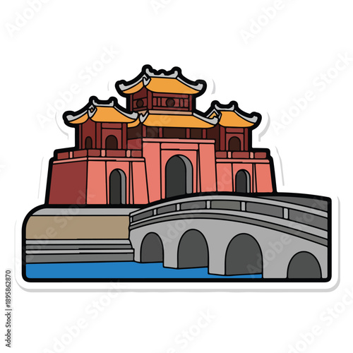 Traditional Asian Temple with Bridge Illustration.