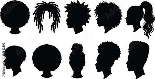 Silhouettes of diverse Black hairstyles, afro, dreadlocks, curls, buns, ponytails, tapered cuts, cultural hair identity illustration
