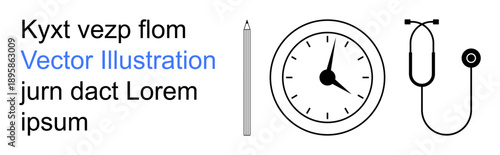 Medical diagnostics, productivity tools, time management, design concepts, professional tools, minimalism. Black clock, pen stethoscope and placeholder text. Time management and medical diagnostics