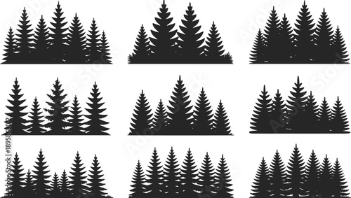 Evergreen pine forest silhouette collection featuring dense conifer trees, natural woodland landscape design, black forest illustration set