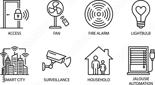 smart home, smart city, automation, access, fan, fire alarm, lightbulb, surveillance, household, jalousie, technology, wireless, icon, control, system, security, connectivity, urban, remote, device