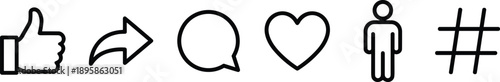 Social, media, icon, interaction, like, share, comment, heart, profile, hashtag, symbol, black, white, UI, flat, minimal, digital, network, communication, engagement