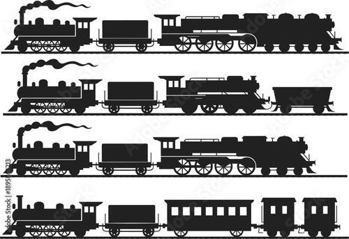 Vintage steam locomotive silhouette collection with freight and passenger wagons, classic railway transport illustration, black white train vector design