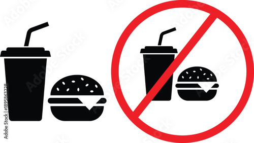 Fast food and drinks prohibited sign indicating unhealthy eating restrictions with a red prohibition symbol over black icons on a white background for graphic design projects.
