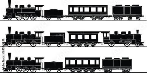 Vintage steam train silhouette illustration with passenger and cargo wagons, classic railway transportation set, black white locomotive vector artwork