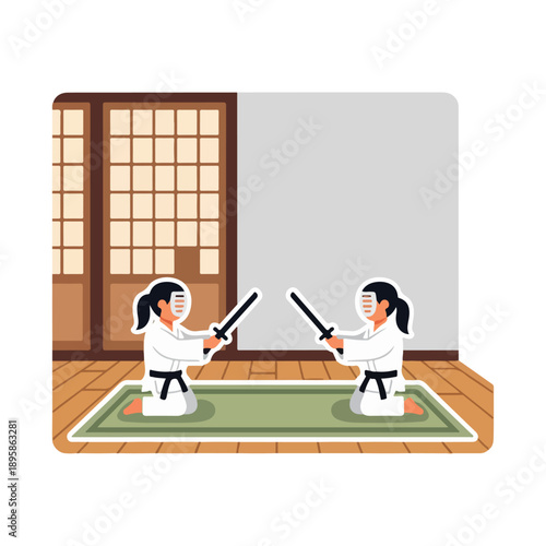 Two Women Practicing Karate with Swords.