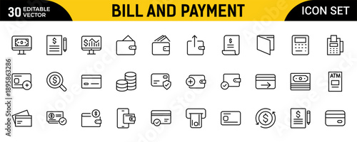 Bill and Payment Outline Icon Set – Finance and Accounting Thin Line Icons Collection Featuring Bill, Receipt, Invoice, Document, ATM, Cash, Cryptocurrency and Blockchain Symbol