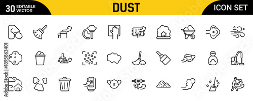 Dust Outline Icon Set – Thin Line Cleaning and Air Quality Icons Collection Featuring Odor, Smoke, Sand, Dusting, Allergen and Dust Cleaning Symbols, Editable Stroke Vector Illustration