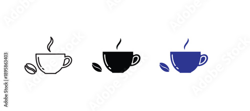 Coffee cup and bean icon set in outline, solid, and flat blue styles