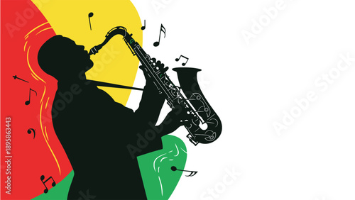 Professional jazz saxophone performer silhouette for Black History Month celebrations and musical entertainment industry business branding resources.