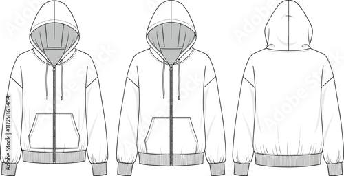 Technical fashion illustration of hooded zip-up sweatshirt, front and back views, apparel design, garment specification, hoodie drawing, vector sketch