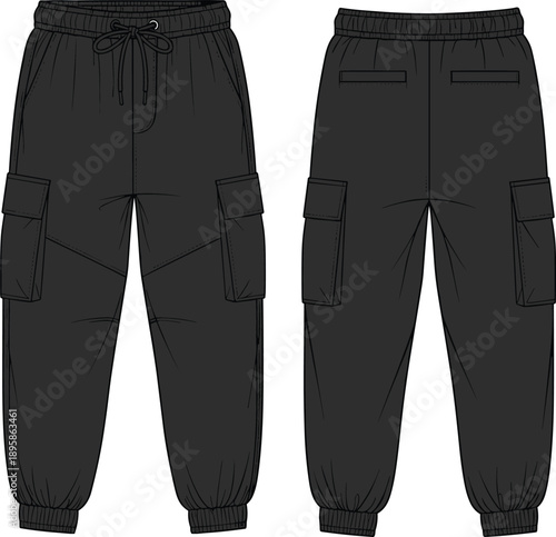Technical flat sketch of modern black cargo jogger pants for men and women with drawcord waist and elasticated cuffs front and back CAD vector illustration