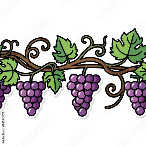 Vine with Purple Grapes and Leaves.