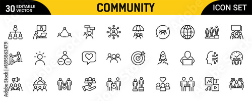 Community Line Icon Set – People, Hands and Heart Thin Outline Icons Collection Representing Cooperation, Unity, Social Connection and Teamwork in Minimalist Style, Clean Vector Illustration