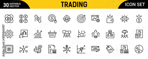 Trading Outline Icon Set – Banking and Financial Services Thin Line Icons Collection Featuring Bank, Currency Exchange, Cheque, Security Guard, Money 