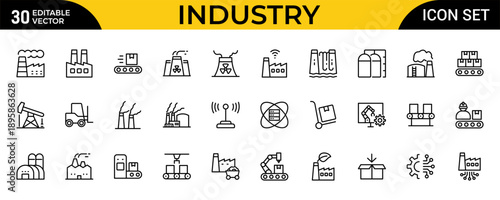 Industry Outline Icon Set – Technology, Finance, Healthcare, Automotive, Energy, Retail, Construction, Hospitality, Tourism, Education, Oil, Gas, Refinery, Petroleum, Lubricant and Agriculture