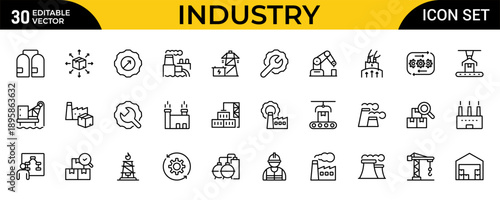 Industry Outline Icon Set – Technology, Finance, Healthcare, Automotive, Energy, Retail, Construction, Hospitality, Tourism, Education, Oil, Gas, Refinery, Petroleum, Lubricant and Agriculture