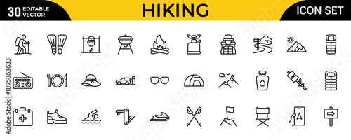 Hiking and Outdoor Survival Icon Set – Adventure and Wilderness Thin Outline Icons Collection Featuring Tent, Backpack, Hiking Boots, Survival Map, Campfire, Mountain and Exploration Symbols,