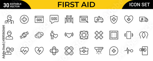 First Aid Outline Icon Set – Emergency Kit, Medical and Survival Thin Line Icons Collection for Evacuation, Disaster Preparedness and Safety, Editable Stroke, Modern Vector Illustration
