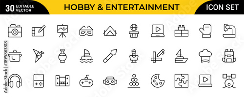 Hobby and Entertainment Line Icon Set – Modern Minimal Editable Pixel-Perfect Linear Icons for Creative Projects, Digital Media and UI Design, Vector Illustration