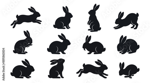 Collection of Black Rabbit Silhouettes in Various Poses.
