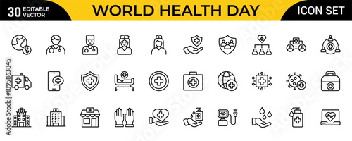 World Health Day Outline Icon Set – Healthcare, Medical Awareness and Wellness Thin Line Icons Collection for Global Health Campaigns, Editable Stroke, Modern Vector Illustration