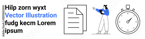 Person reviewing documents with clipboard, sheet icons, stopwatch indicating time management. Ideal for productivity, organization, planning, workflow, time tracking, deadlines simple landing page