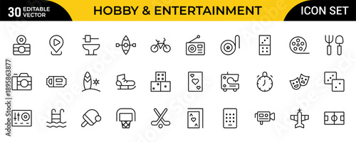 Hobby and Entertainment Line Icon Set – Modern Minimal Editable Pixel-Perfect Linear Icons for Creative Projects, Digital Media and UI Design, Vector Illustration