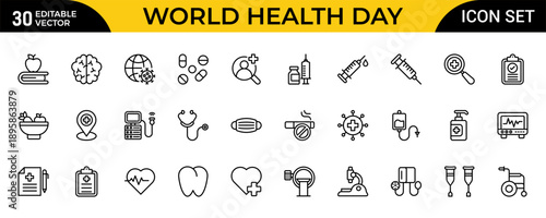 World Health Day Outline Icon Set – Healthcare, Medical Awareness and Wellness Thin Line Icons Collection for Global Health Campaigns, Editable Stroke, Modern Vector Illustration