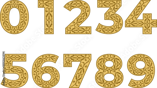 Set of decorative ornamental numbers from 0 to 9 in elegant ethnic style