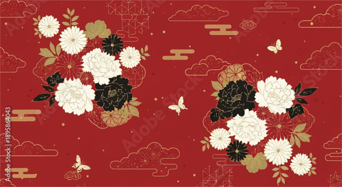 Hand-drawn illustration of a floral arrangement with a slender stem, five white flowers, and three leaves on background