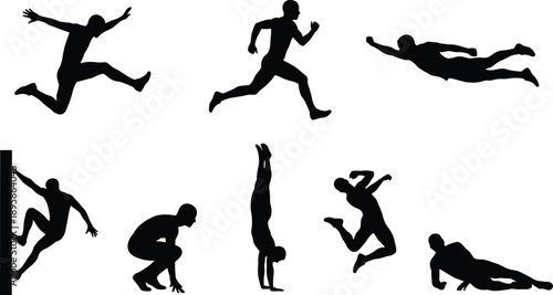 Parkour free running silhouettes illustration, athletes jumping climbing rolling actions, extreme urban sport movement collection, black vector figures