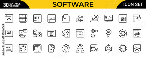 Modern Software Line Icon Set – Minimalist Professional Linear Icons with Unique Vector Elements for Web, App, UI UX and Digital Toolkits, Editable Stroke, Vector Illustration