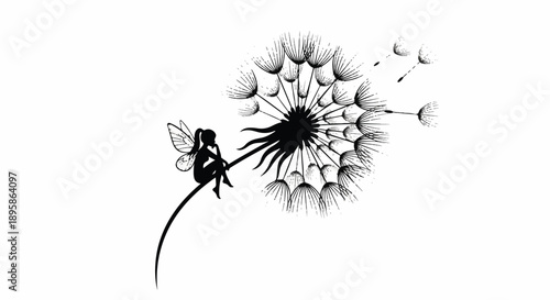 Fairy Leaps onto Dandelion in White Illustration, Wings Spread, Seeds Floating