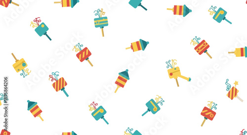 Colorful cartoon firecrackers and party poppers on a white background, flat design vector illustration