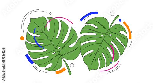 Two vibrant green monstera deliciosa leaves decorated with colorful abstract lines and geometric shapes for a modern botanical art style.