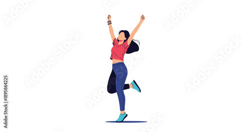 Joyful woman jumping in the air with her arms wide open celebrating a moment of pure happiness, success, and personal achievement.