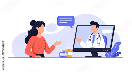 Young woman consulting with a doctor through a computer screen for an online medical appointment and telehealth services.