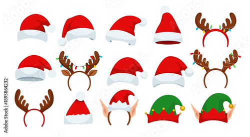 Collection of different festive Christmas hats and headbands including reindeer antlers, santa hats, and elf ears for holiday parties.
