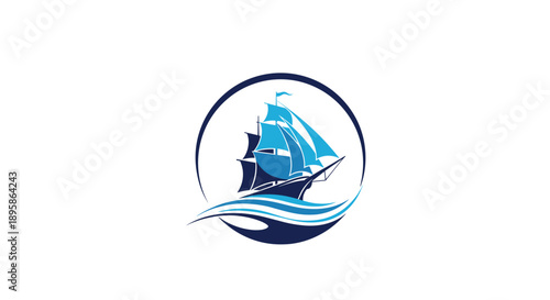 Detailed illustration of a large sailing ship with multiple sails navigating rough ocean waves within a circular frame design.