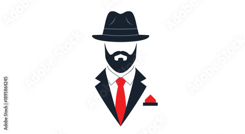 Classic silhouette of a man wearing a dark suit, red tie, and a stylish fedora hat representing professionalism and mystery.