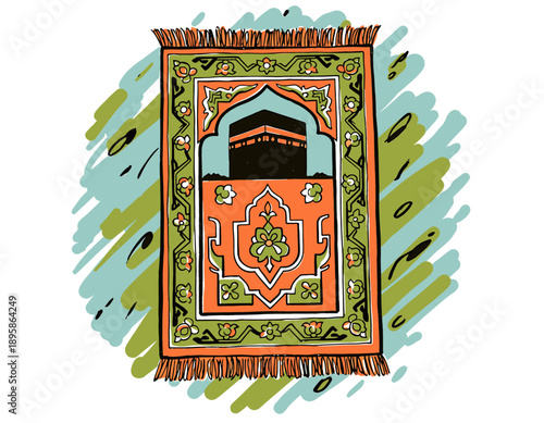 Prayer mat Kaaba illustration, Islamic design sajadah, Mecca Hajj pilgrimage rug, stylized worship cartoon art, vibrant holy mosque symbol