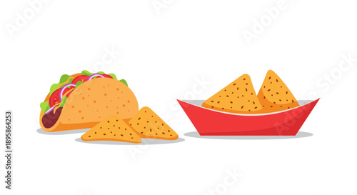 Delicious traditional Mexican taco filled with ingredients and a tray of crunchy corn nachos representing a tasty fast food meal.
