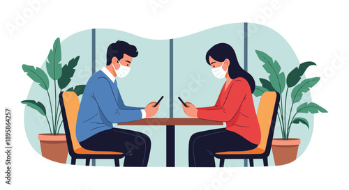 Man and woman wearing face masks sitting at a cafe table while using their smartphones, depicting social interactions in the new normal.